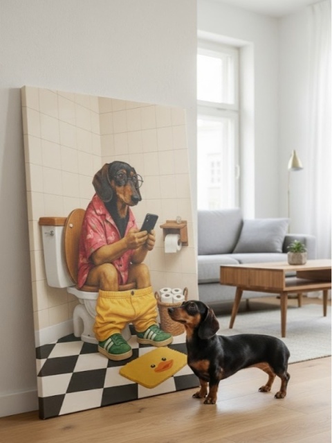 Twój Pies na Toalecie – Śmieszny Personalizowany Obraz na Płótnie (60x40cm)